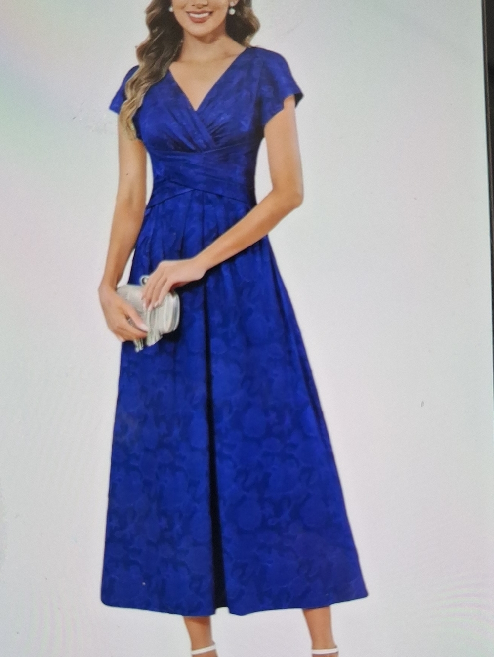 NWT Womens Elegant Blue Floral Midi Dress with V-Neck